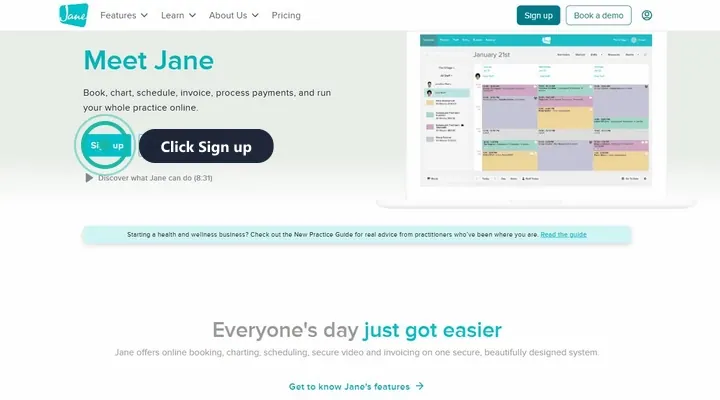 Walkthrough: jane.app homepage, Sign up, Step 1 of 4, then LEDGERLOGIC1MO entered in the Grace code field