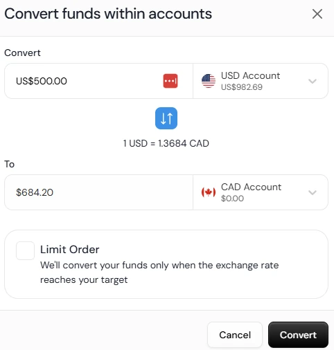 Venn Convert funds within accounts dialog: US$500 USD → $684.20 CAD at quoted rate of 1 USD = 1.3684 CAD