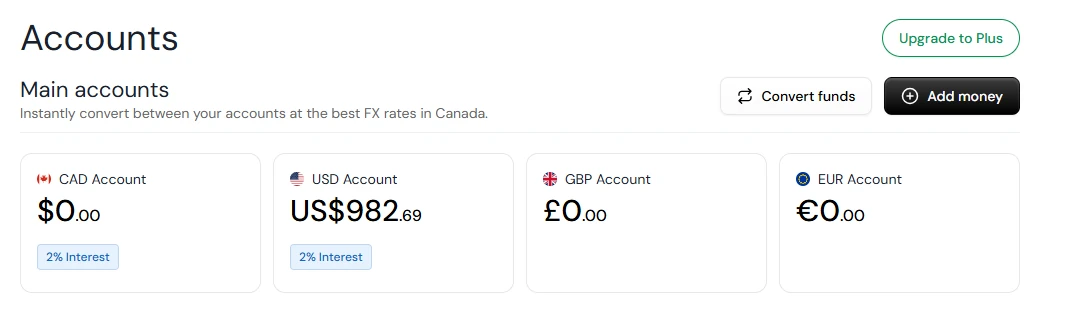 Venn dashboard showing four currency accounts (CAD $0, USD $982.69, GBP £0, EUR €0) with 2% interest badges on funded balances